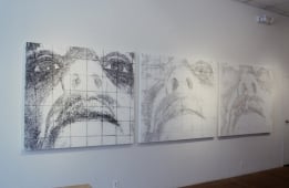 Decomposition 1, 2, 3- oil, sand, charcoal on canvas (each 54 x 60), total 54 x 184