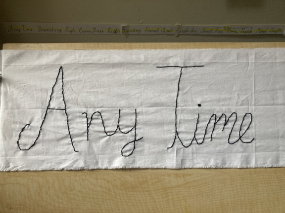 Black embroidery on a white cotton fabric that reads Any Time in cursive