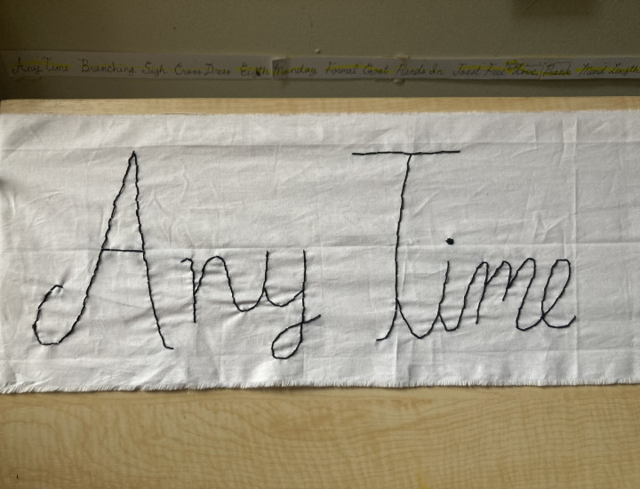 Black embroidery on a white cotton fabric that reads Any Time in cursive